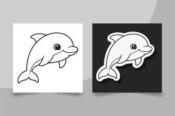 Cute Baby Dolphin Line Art Sticker Set for Kids Coloring Pages and Minimalist Marine Animal Character Vector Drawing.