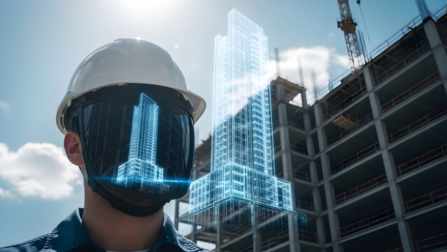 Trabajador de construcci&oacute;n con casco frente a rascacielos hologr&aacute;fico y visualizaci&oacute;n de edificio para desarrollo inmobiliario moderno