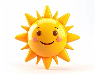 Fototapeta premium Cheerful, cartoon sun with a smiling face, rendered on a white backdrop