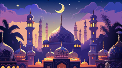 Beautiful mosque with dome and minarets under night sky © Akramul