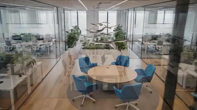 High angle architectural overhead shot of a clean contemporary office layout with diffused lighting and intentional background blur intentional background blur, planning, empty desks