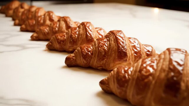 High angle cinematic dolly shot gliding slowly across a perfectly arranged row of glossy golden croissants on clean white marble providing ample copy space aerial, topdown, row