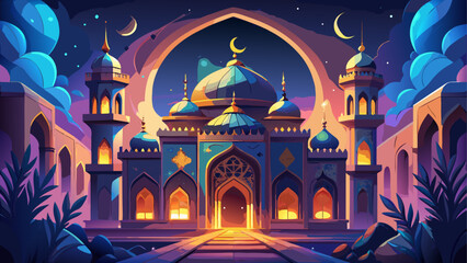 Beautiful mosque at night with crescent moon © Akramul