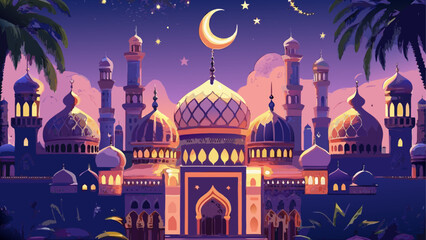 Beautiful mosque with crescent moon and stars at night © Akramul