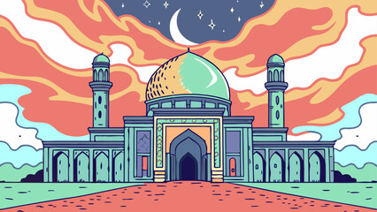 Beautiful mosque under night sky with crescent moon © Akramul