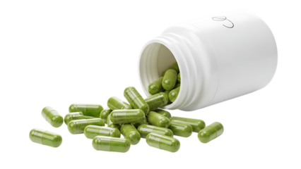 Spilled green pills from white bottle isolated on transparent background