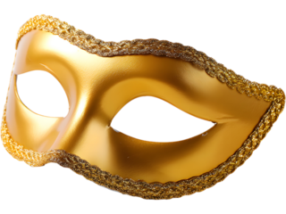 Elegant golden carnival mask, isolated on transparent background for masquerade and luxury themes.