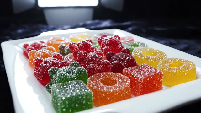High angle cinematic studio shot of an assortment of colorful jelly sweets reflecting bright key light, meticulously arranged on a sophisticated rectangular ceramic dish overhead, high quality