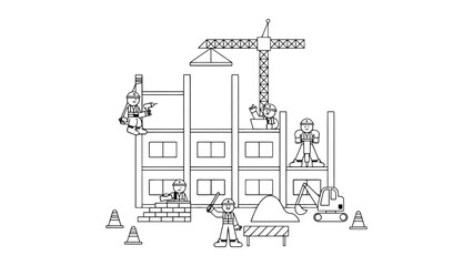 Construction workers build a new building with a crane and excavator.