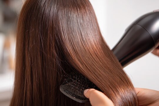 Woman with long, shiny, straight brown hair is sitting in the salon chair while her professional stylist dries it with a blow-dryer. Beautiful hairstyle. Close-up of hair styled with an electric dryer