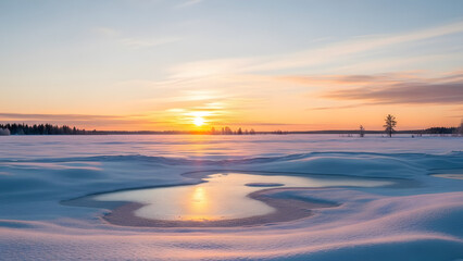 Peaceful winter sunset over frozen lake with open water reflecting warm orange and pink sky, surrounded by soft snow dunes and distant dark forest, creating tranquil serene landscape with gentle light