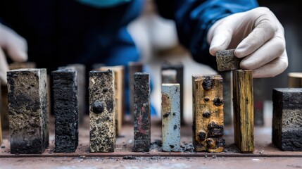 Technician in medium shot inspecting charred wood metal and plastic samples post fire exposure to analyze fire safety performance differences.