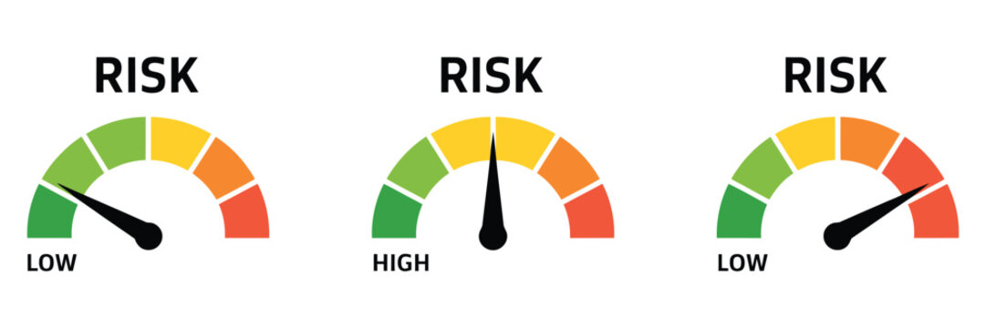 Risk meter icon set, speedometer-style gauges showing risk levels from low to high, vector illustration