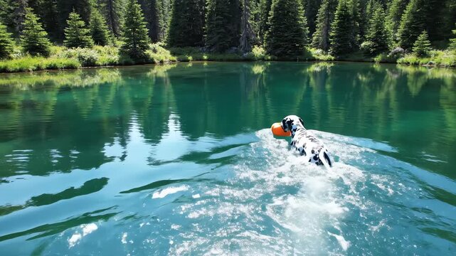 High angle drone shot following a Dalmatian dog swimming vigorously across the turquoise waters of a remote forest pond chasing an orange flotation toy aerial view, travel, swimming