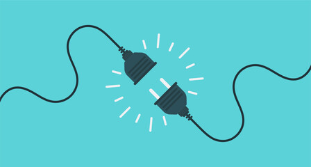 Flat illustration of two electric power plugs connecting with glowing energy symbol on blue background. © LWN Studio
