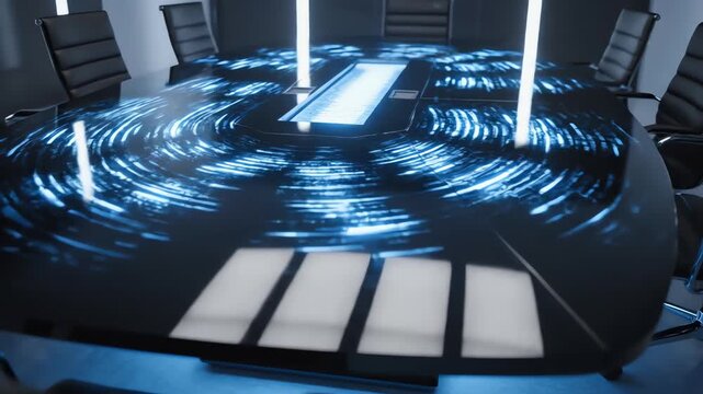 High angle drone-like overhead shot looking down onto a glossy, reflective interactive meeting table pulsating with blue digital light futuristic, communication, space