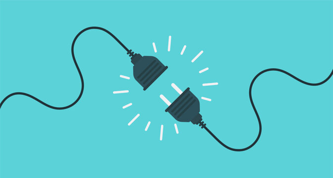 Flat illustration of two electric power plugs connecting with glowing energy symbol on blue background.