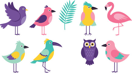Lamas personalizadas con tu foto Cute colorful flat vector bird illustration set with flamingo owl tropical birds leaves and playful cartoon characters