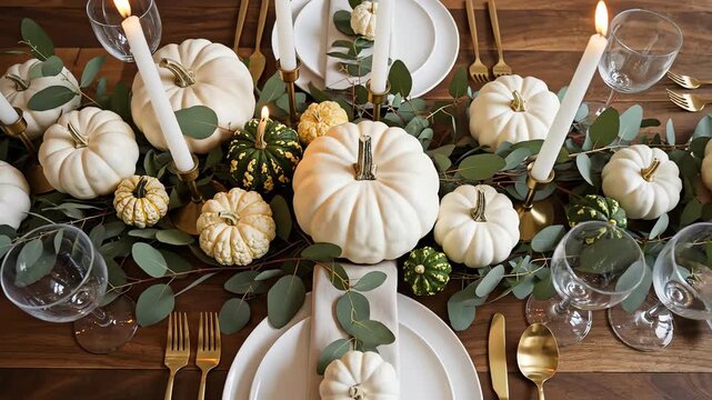 High angle flat lay overhead view of an elegant minimalist Thanksgiving table arrangement featuring symmetry with white pumpkins and gourds interior, harvest, design background