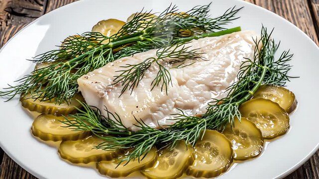 High angle flat lay of an artfully plated cod fillet surrounded by vibrant green dill sprigs and delicately sliced pickled cucumbers natural, chef, plating
