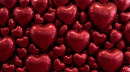 Numerous shiny metallic red heart shaped balloons densely packed together filling the entire frame creating a vibrant romantic texture background Love Romance Celebration
