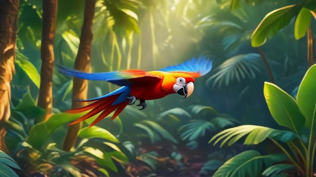 Dynamic Cartoon Macaw Parrot Flying Through a Sunlit Tropical Rainforest