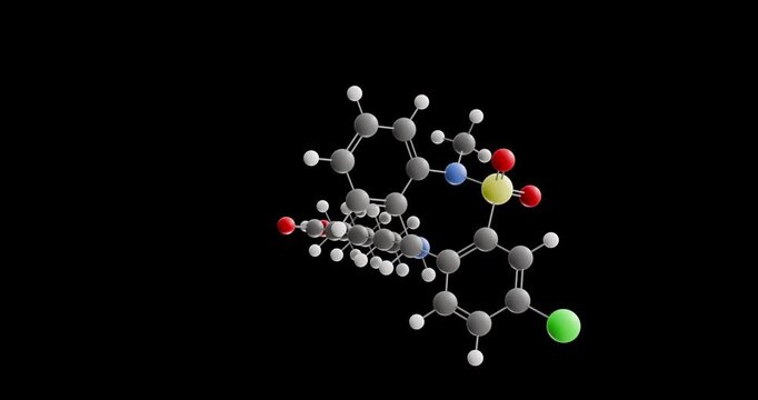 Tianeptine molecule, rotating 3D model of antidepressant, looped video on a black background
