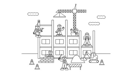 Obraz premium Construction workers build a new building with a crane and excavator.