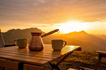 A copper coffee pot and two mugs sit on a wooden folding table overlooking a majestic mountain range during a golden sunset.