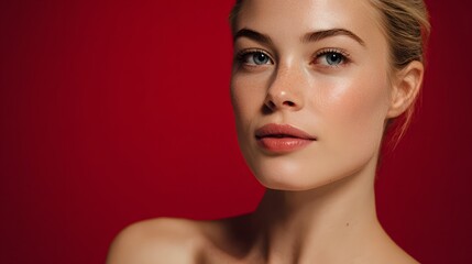 Stunning Portrait of a Beautiful Woman with Radiant Skin and a Red Background.