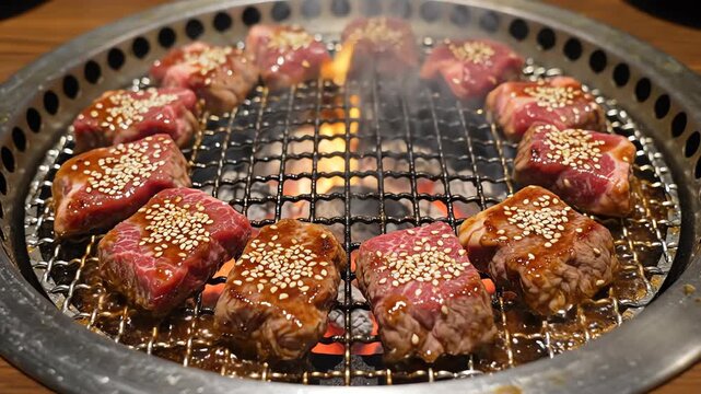 High angle overhead shot capturing the circular pattern of the yakiniku grill with perfectly arranged square cuts of seasoned beef resting on the hot black metal grate japanese style, hot food