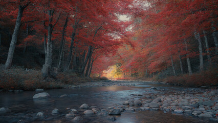 autumn forest landscape with river and red leaves