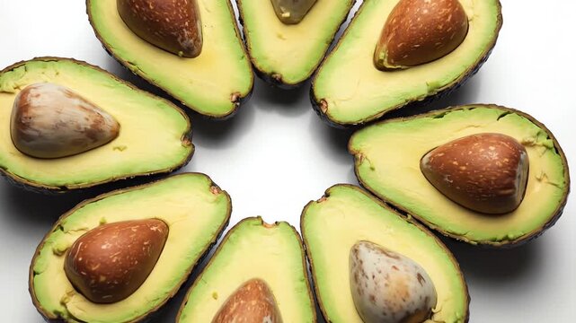 High angle overhead shot of multiple perfectly cut avocado halves arranged symmetrically on a bright, illuminated white studio surface in a visually appealing pattern commercial, ripe, ingredient