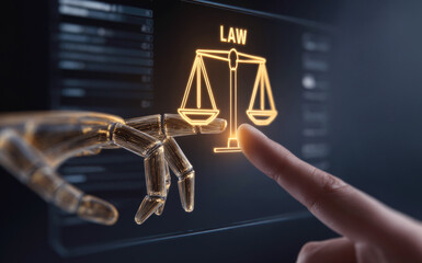 Futuristic concept of artificial intelligence and human interaction in law, showing robot hand and human finger touching justice scale hologram. AI governance and regulation.