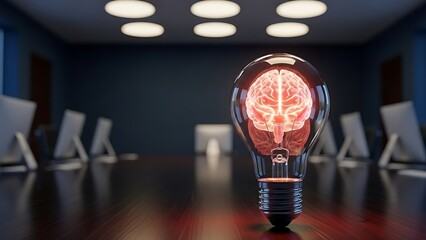 Illuminated brain within a light bulb symbolizing bright ideas and innovation in a corporate meeting setting
