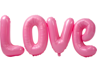 Glossy pink balloon letters forming the word LOVE. Romantic decorative element for celebrations, greetings, and festive compositions.