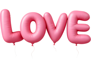 Glossy pink balloon letters forming the word LOVE. Romantic decorative element for celebrations, greetings, and festive compositions.