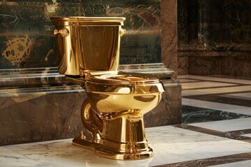 Golden toilet gleaming in a luxury bathroom, showcasing wealth and extravagance
