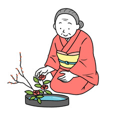 花を生ける着物を着たおばあちゃんのイラスト
