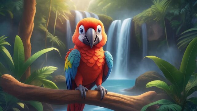 Adorable Cartoon Macaw Parrot on a Branch by a Lush Jungle Waterfall