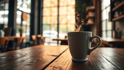 Steaming coffee cup on a rustic table in a cozy café, evoking warmth and comfort.