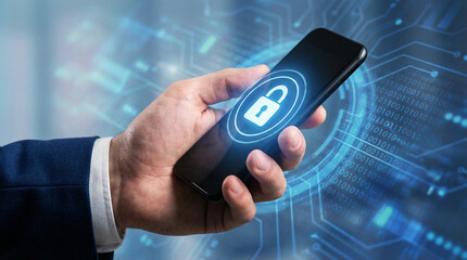 Businessman securing mobile data with digital lock on smartphone
