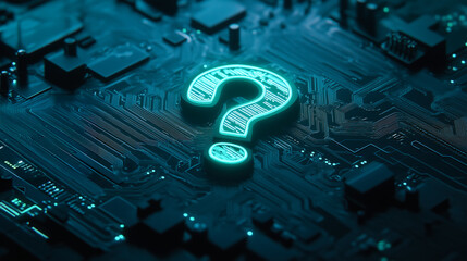 Glowing question mark on a blue circuit board, symbolizing digital inquiries.