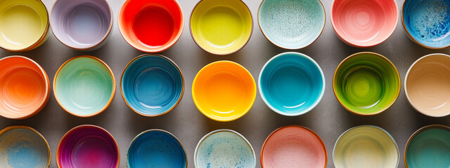 Colorful ceramic bowls arranged in a symmetrical pattern overhead.