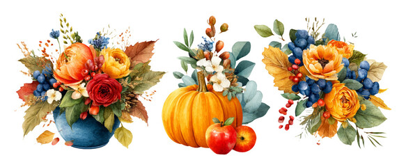 Vibrant Watercolor Autumn Floral Arrangements with Pumpkins and Fruits for Gratitude