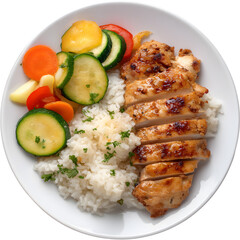 Grilled chicken breast served with rice and vegetables. Balanced healthy meal concept for nutrition and lifestyle visuals.