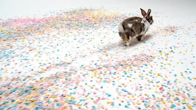High angle overhead view of a small domestic rabbit quickly hopping across a massive bright studio floor covered in scattered confetti dust in spring colors swift, small domestic rabbit