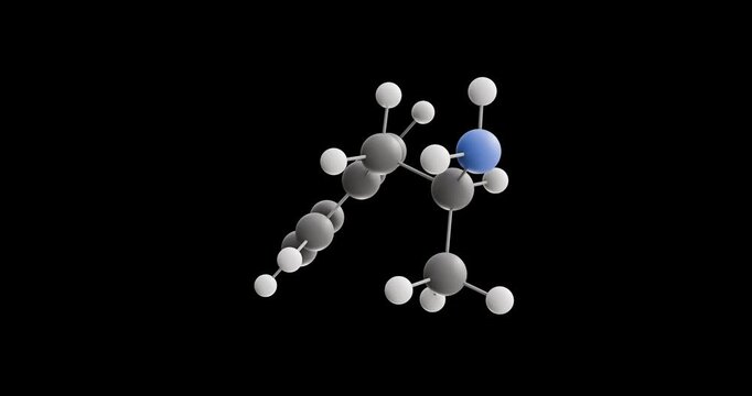 Dextroamphetamine molecule, rotating 3D model of central nervous system stimulant, looped video on a black background
