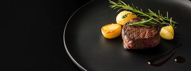 Gourmet steak with roasted potatoes and herbs on a black plate.