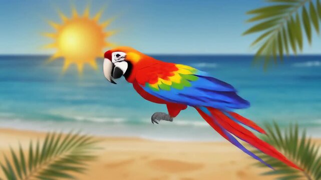Cartoon Macaw Parrot Overlooking a Sunny Tropical Beach with Palm Fronds